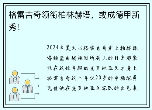 格雷吉奇领衔柏林赫塔，或成德甲新秀！