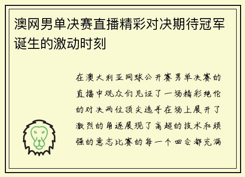 澳网男单决赛直播精彩对决期待冠军诞生的激动时刻